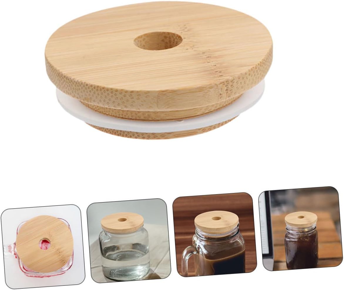 6pcs Reusable Wooden Mason Jar Lids with Straw Hole 70mm