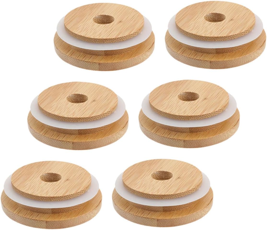 6pcs Reusable Wooden Mason Jar Lids with Straw Hole 70mm