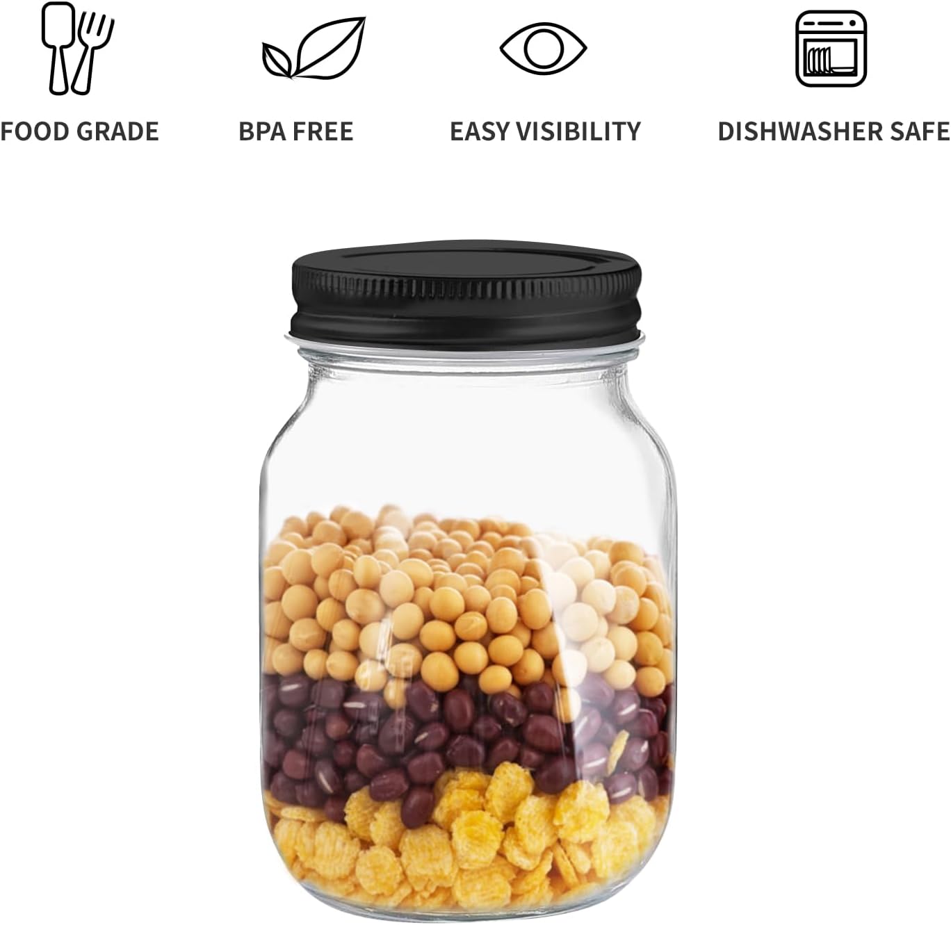 Novelinks 16 OZ Clear Plastic Mason Jars with Airtight Lids - 6 Pack Black
