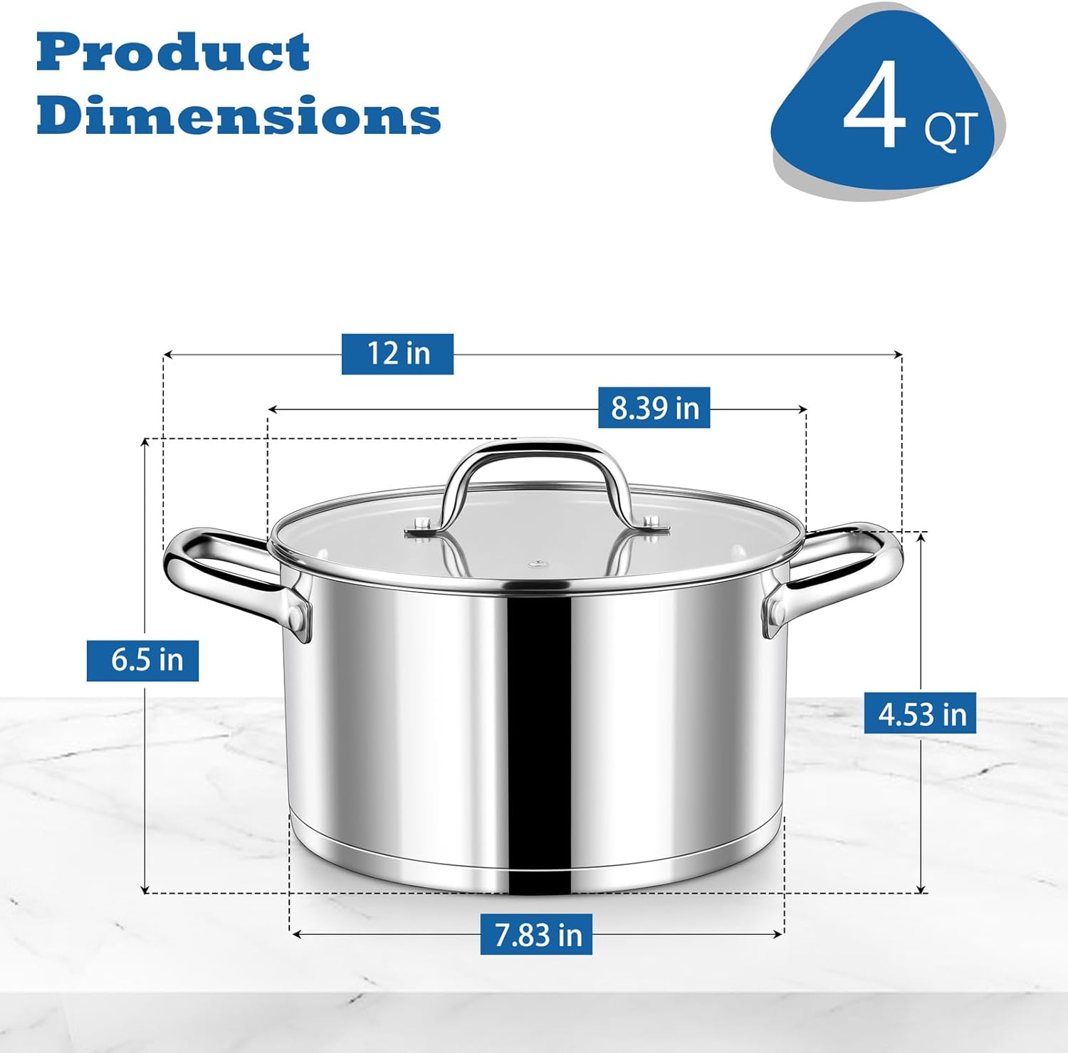 Stainless Steel Stock Pot with Lid 4qt