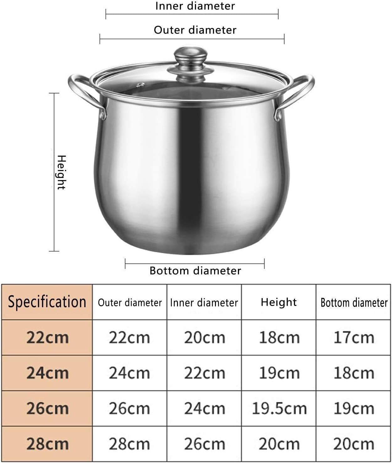 Stainless Steel Stockpot with Lid Nonstick for Soups Stews Pasta 22cm