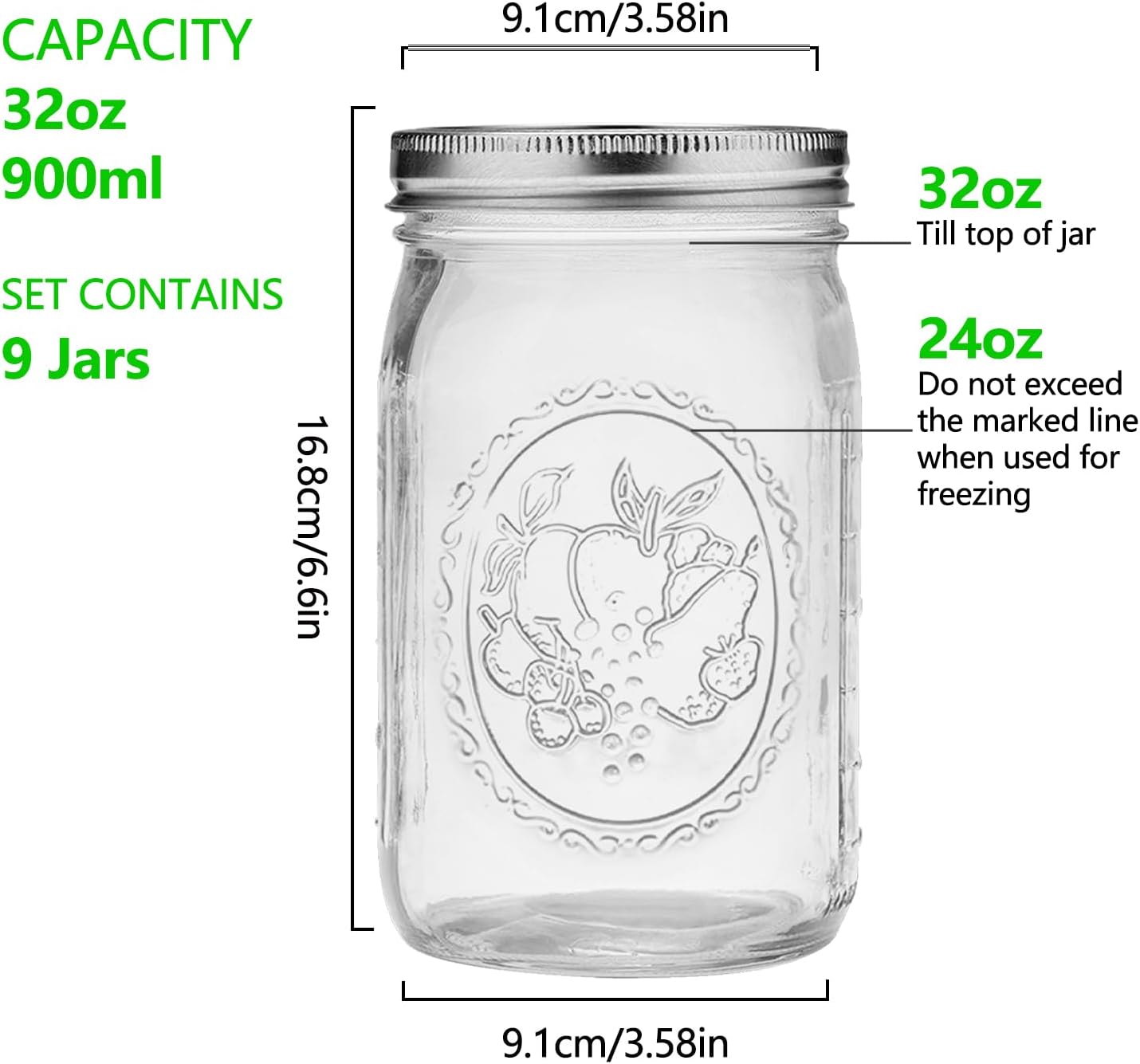 eleganttime 9-Pack 32 Oz Wide Mouth Mason Jars