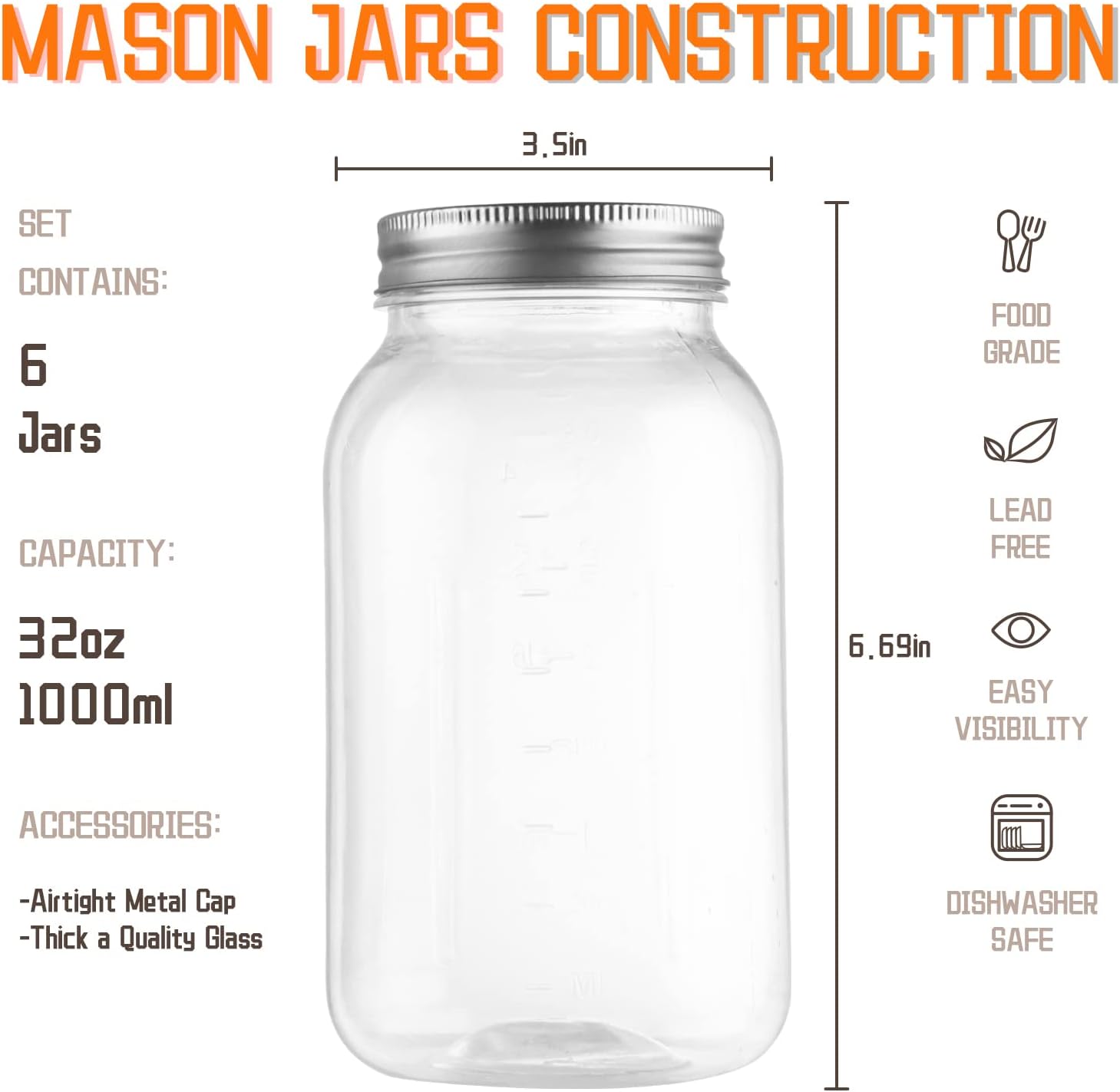 32oz clear plastic mason jars with lids 6-pack