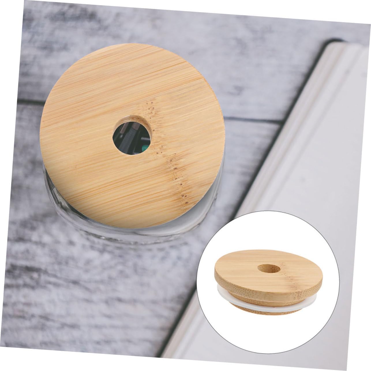 Mason Jar Lids with Straw Hole Reusable Sealing Covers Wood Bamboo Design