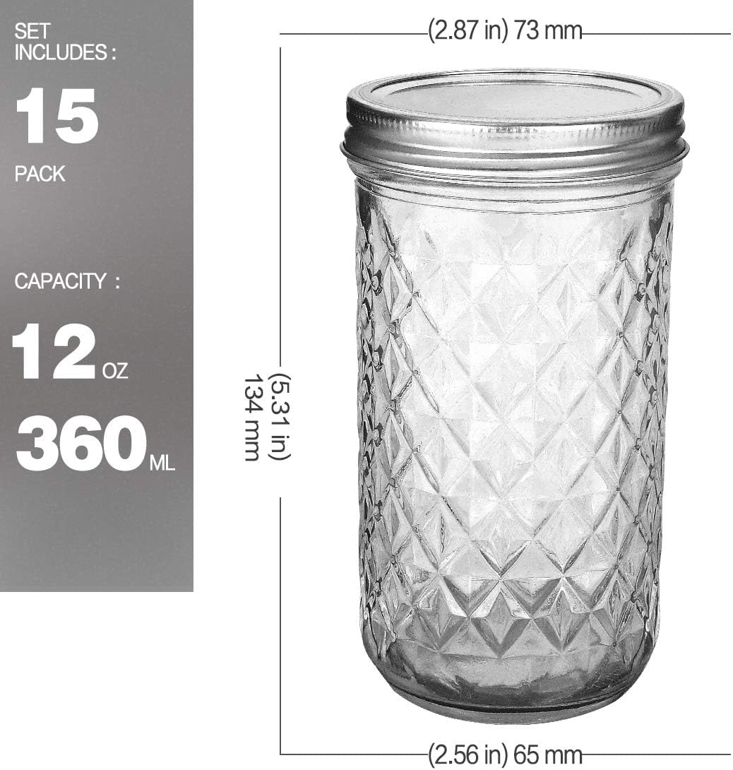 Verones Mason Jars 12 OZ - 15 Pack