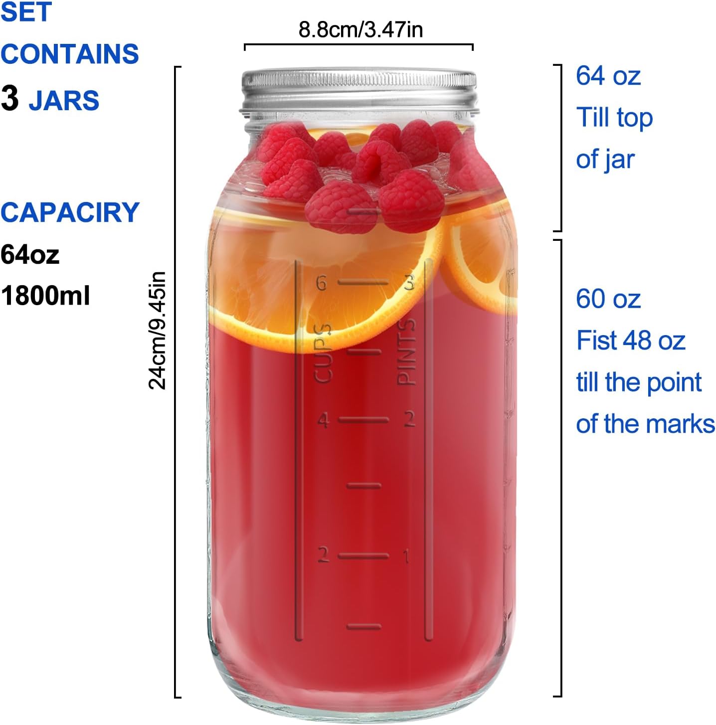 eleganttime 64 oz Wide Mouth Mason Jar 3 Pack