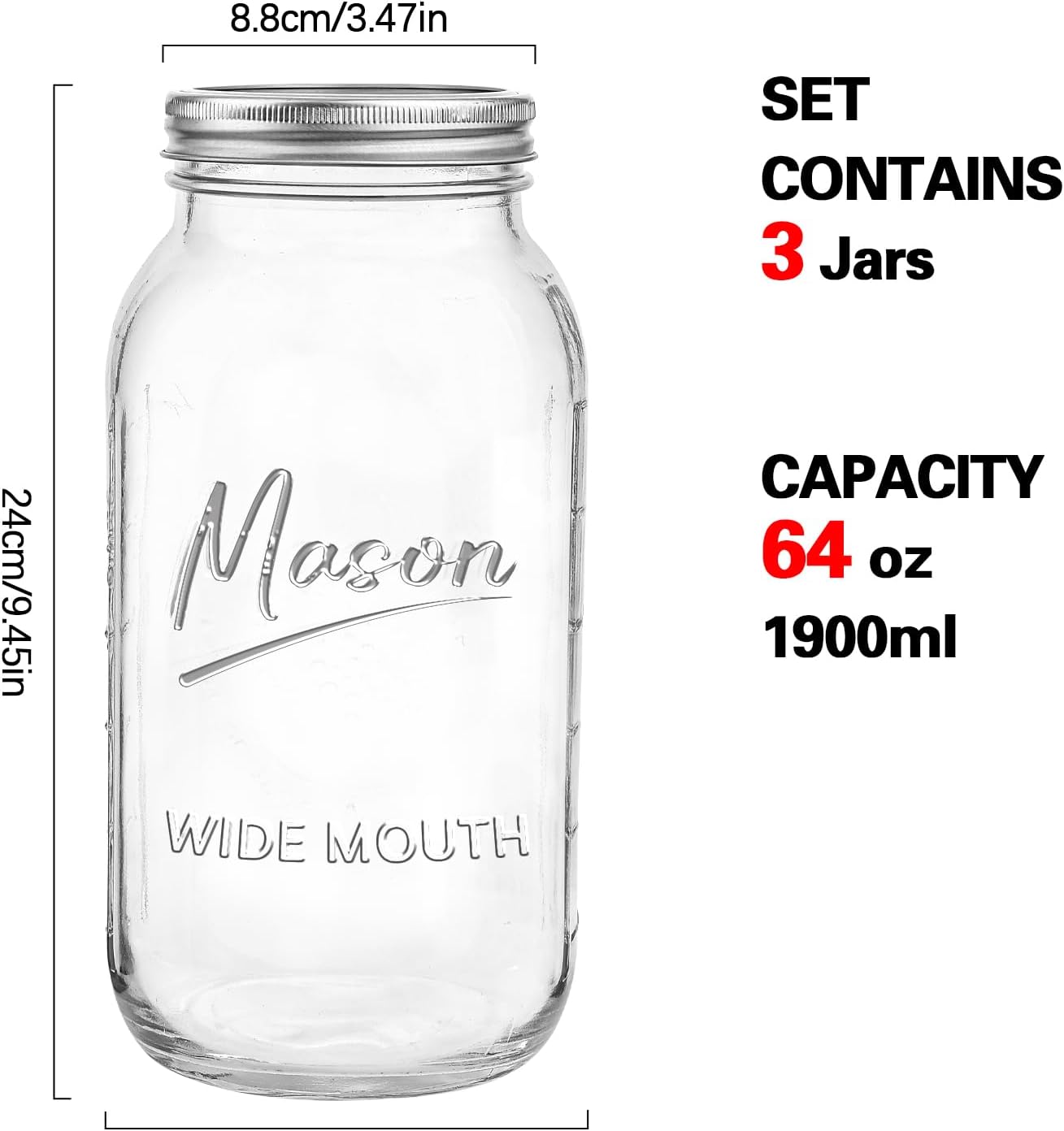 3-Piece Mason Jars with Airtight Lids for Storage