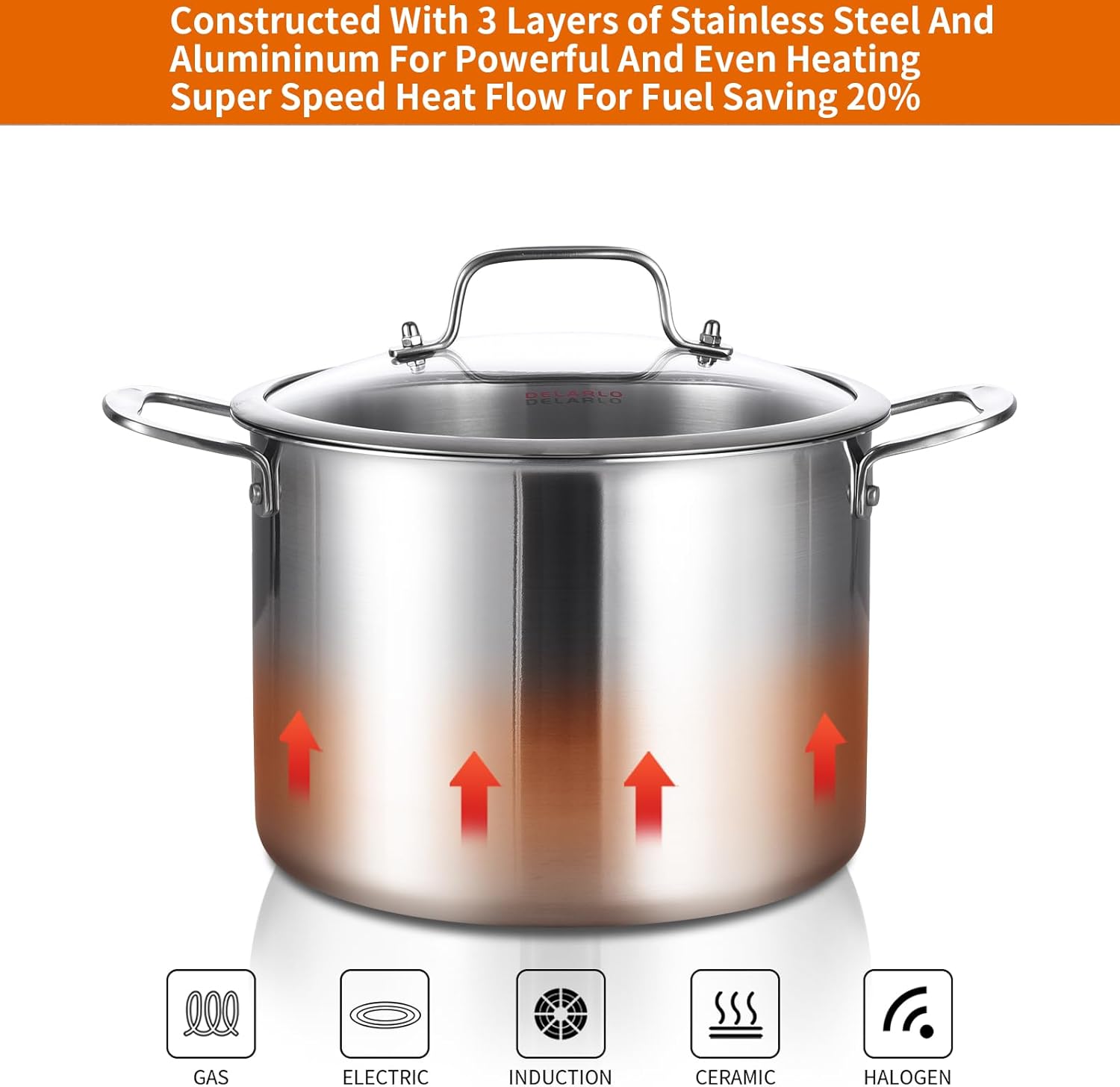 DEALERLO Tri-Ply Stainless Steel Stock Pot for Cooking