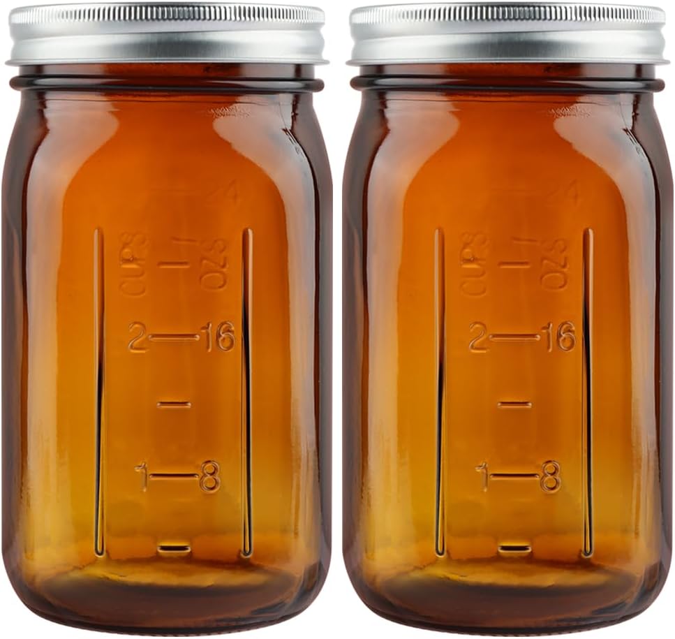 CARBLIN 2 Pack 32 oz Amber Canning Jars with Lids and Labels
