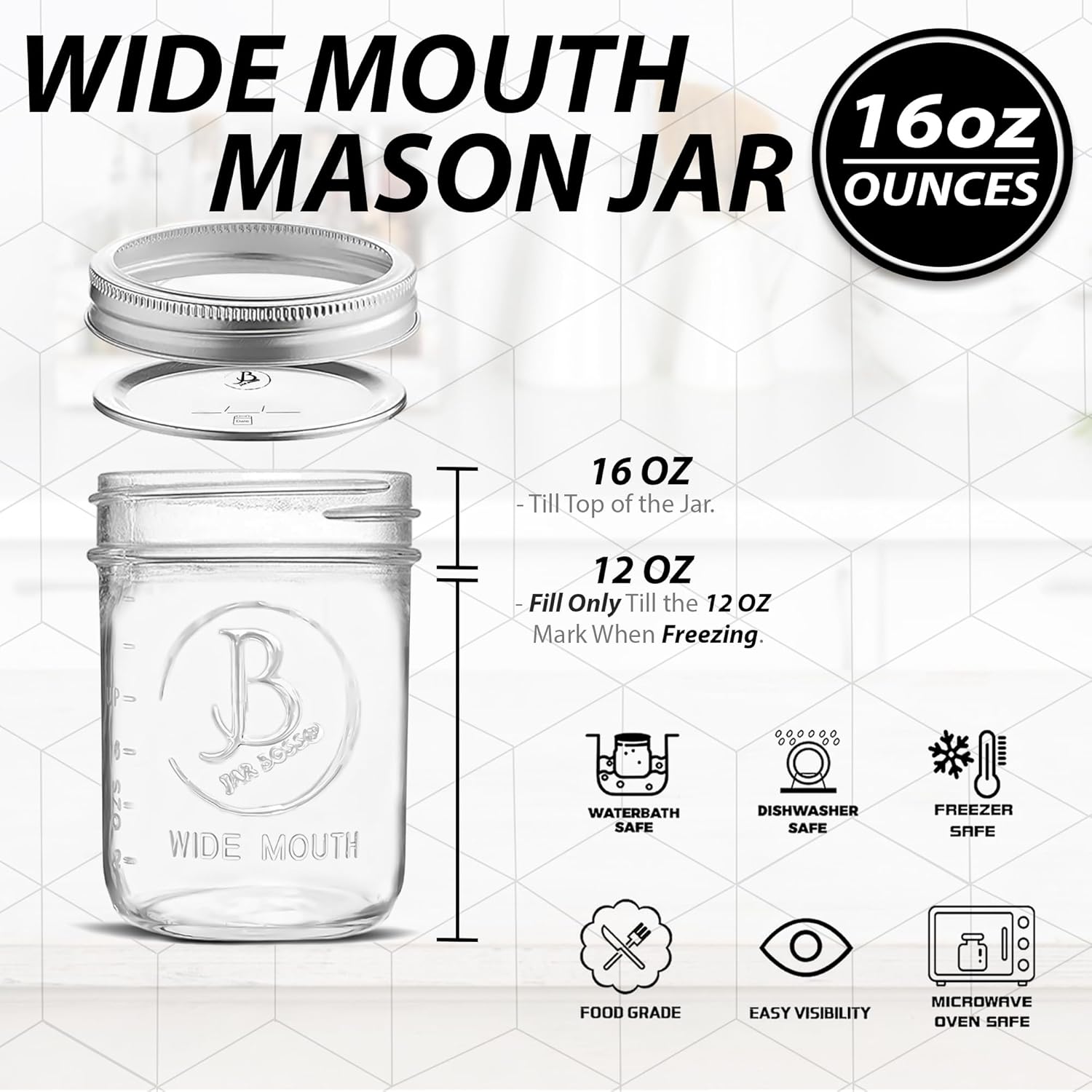 Jar Boss Wide Mouth Mason Jars 16oz 6-Pack
