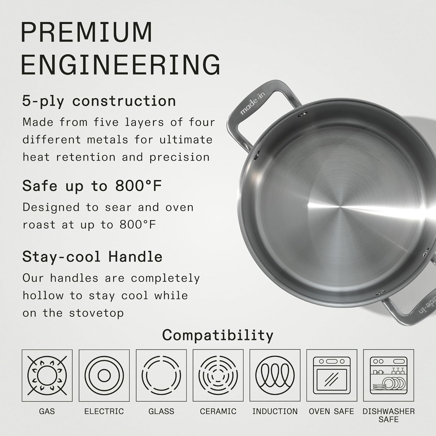 Made In Professional 8 Quart Stainless Steel Stock Pot with Lid