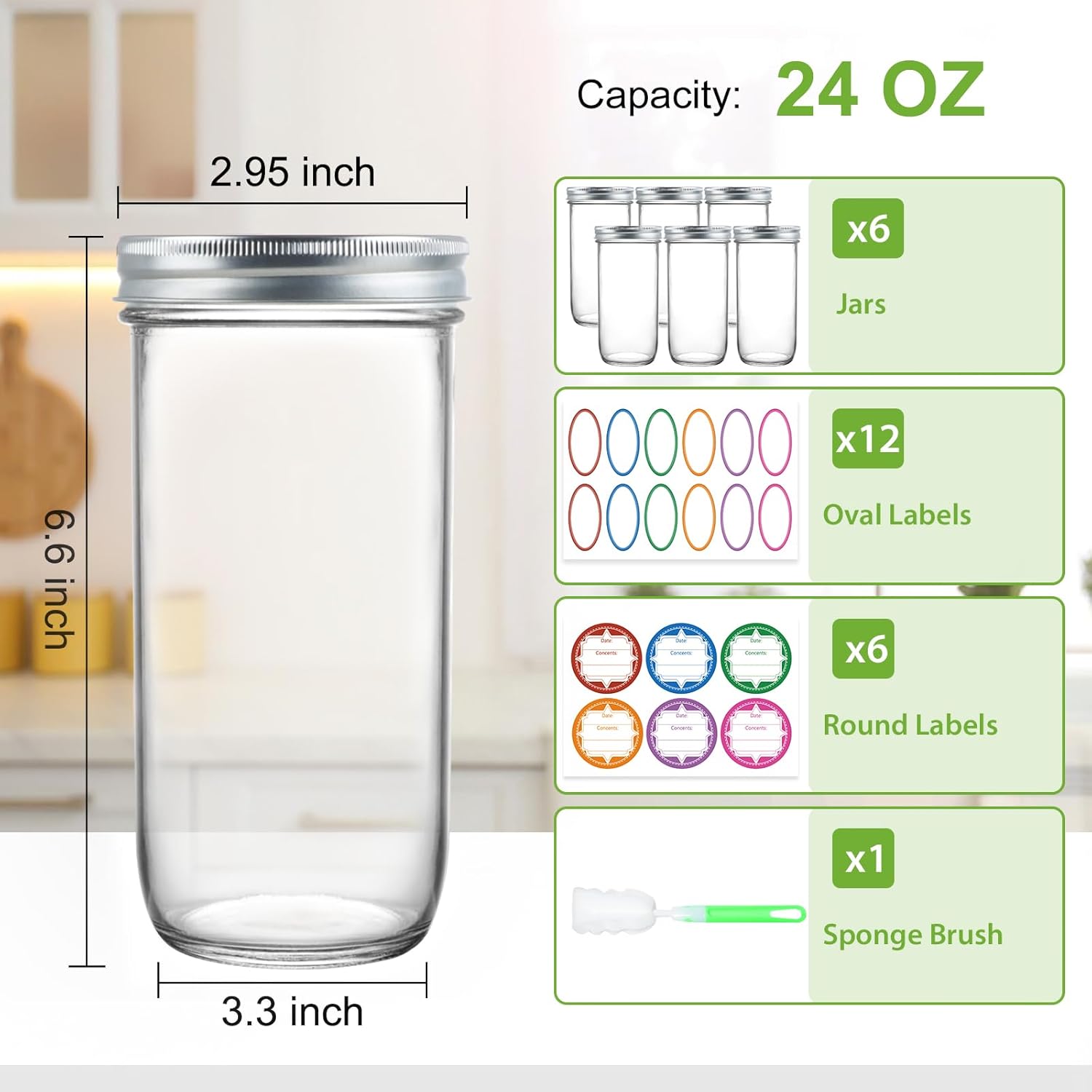 24 oz Mason Jars 6-Pack Canning Fermenting Jar Set