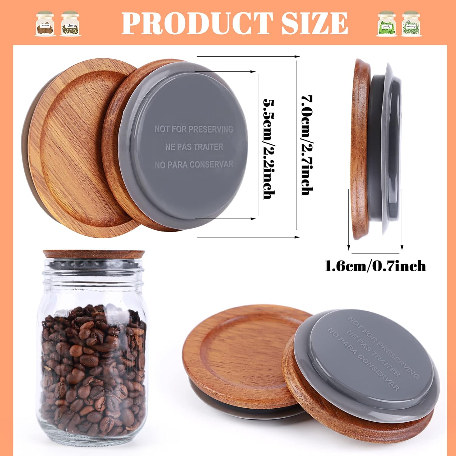 12-Piece Acacia Wooden Mason Jar Lid Set with Silicone Airtight Seals
