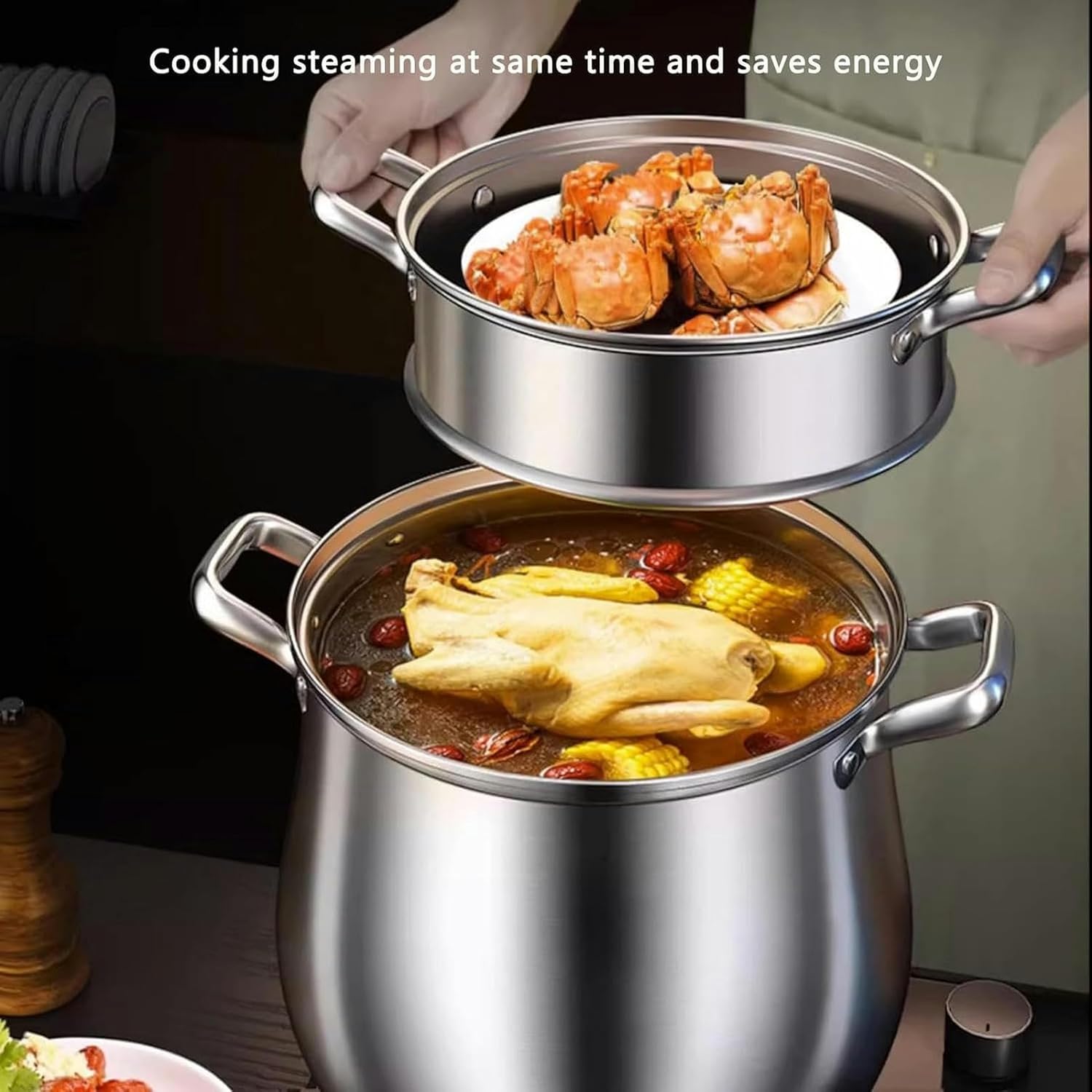 LGEOELIAS Large Deep Stock Pot with Steamer Basket and Lid
