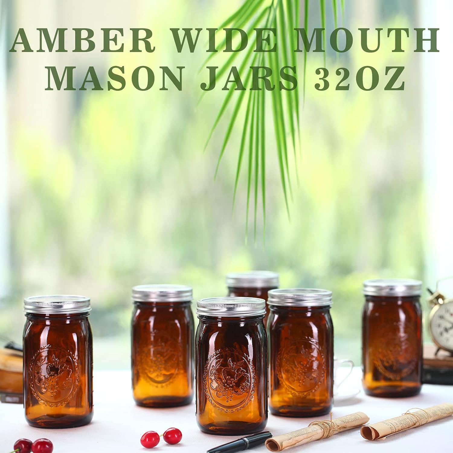 Elegant Amber Glass Mason Jars 32 oz