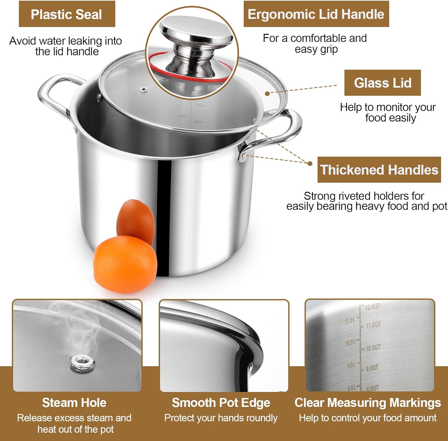 Sturdy 12 qt Stockpot with Glass Lid Non-toxic Dishwasher Safe