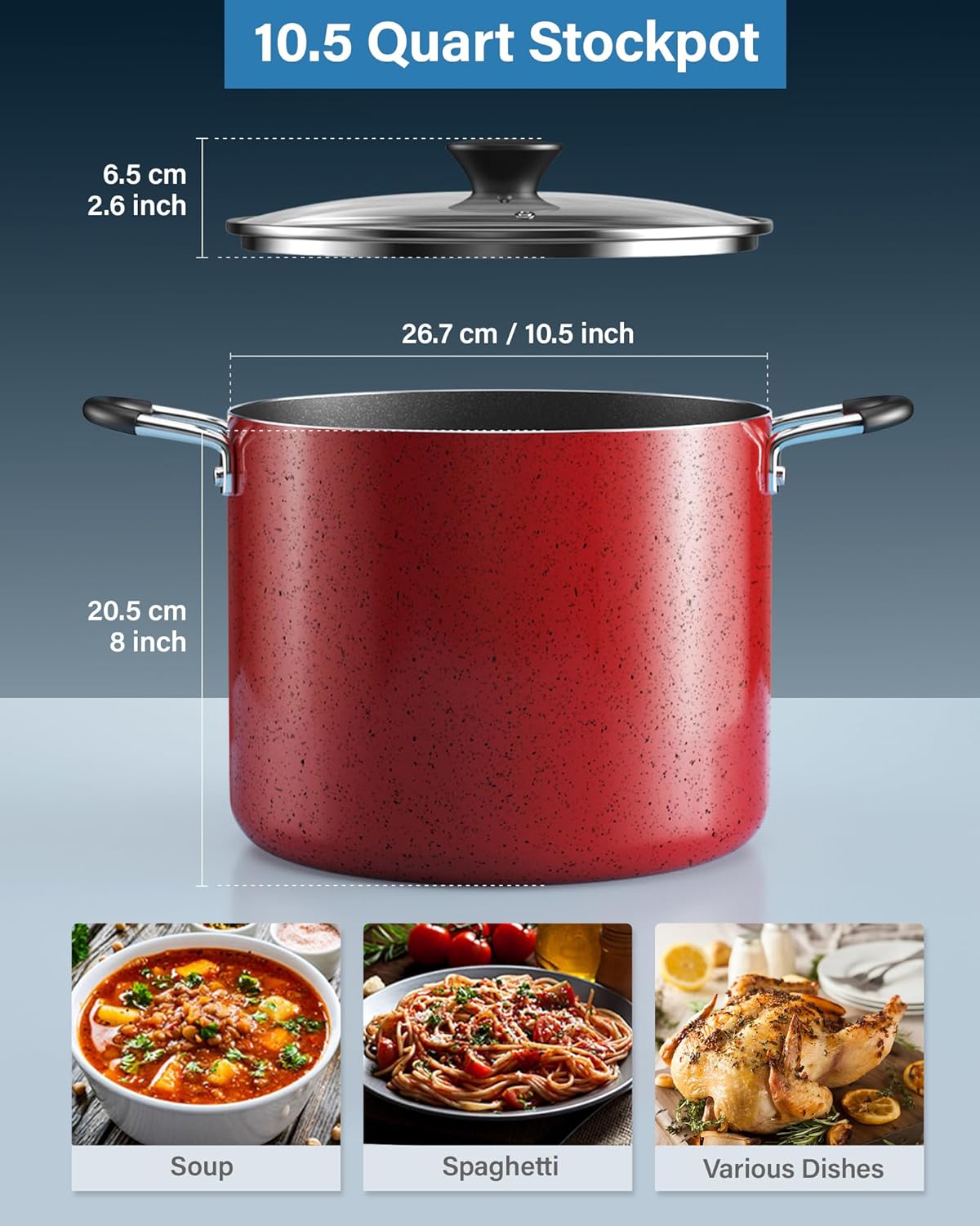 Cook N Home 105 Qt Nonstick Stockpot with Marble Red Glass Lid