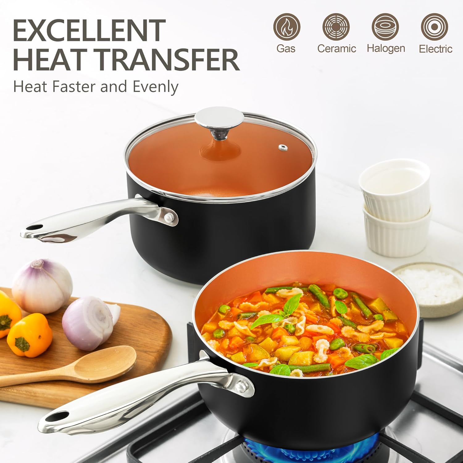Michelangelo Copper 2QT 3QT Saucepan Set Non-Stick Ergonomic Design