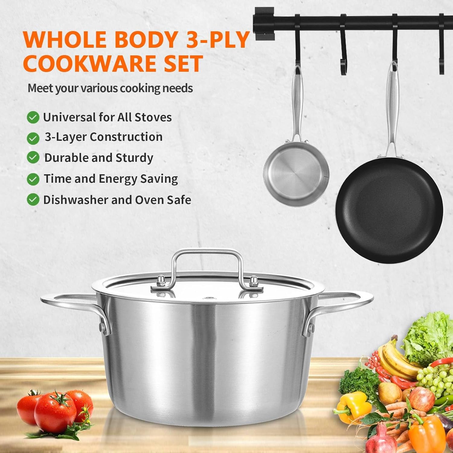 LOLYKITCH Tri-Ply 3 Quarts Stainless Steel Induction Stock Pot