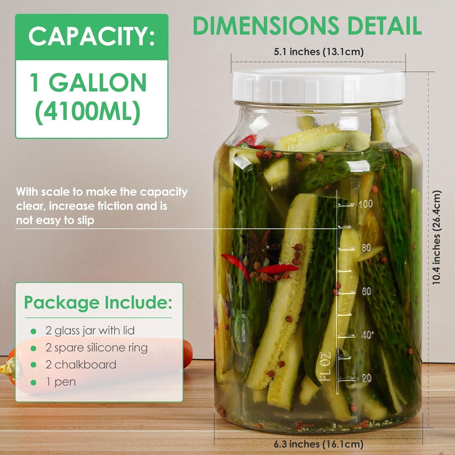 2-Pack 1 Gallon Glass Jars with Lid Wide Mouth Durable BPA-Free