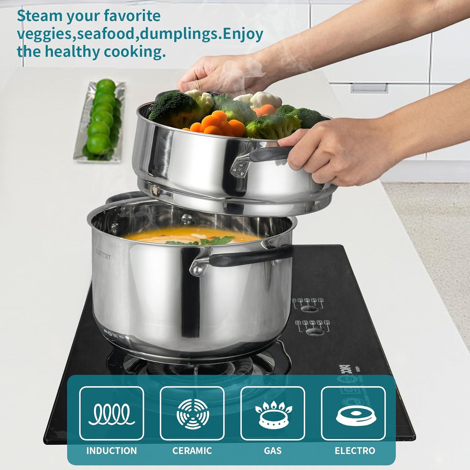 6 Quart Stainless Steel Stock Pot with Steamer and Glass Lid 1