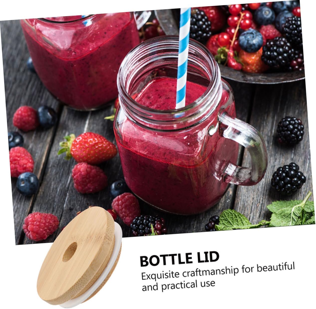 Mason Jar Lids with Straw Hole Reusable Sealing Covers Wood Bamboo Design