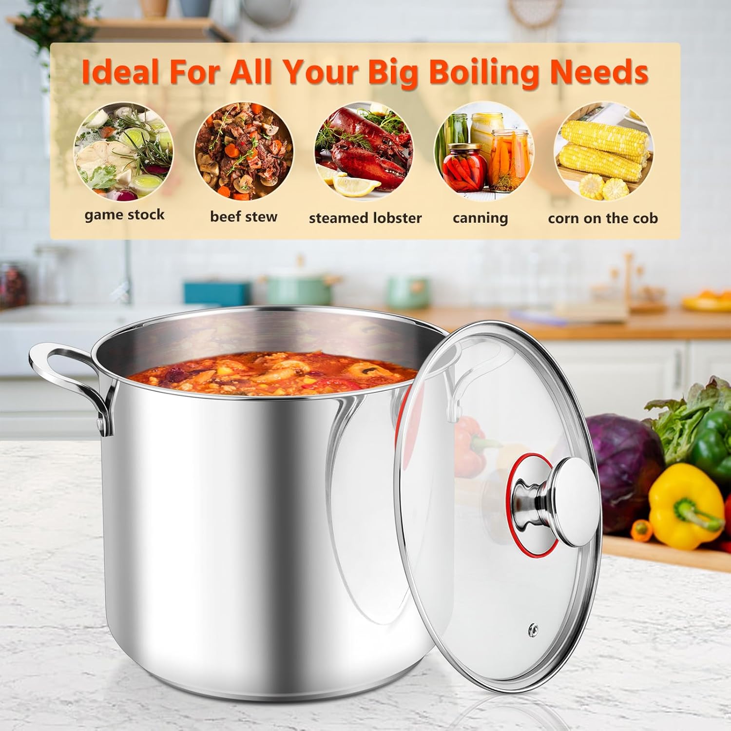 E-far 12-Quart Stock Pot with Lid 1810 Stainless Steel