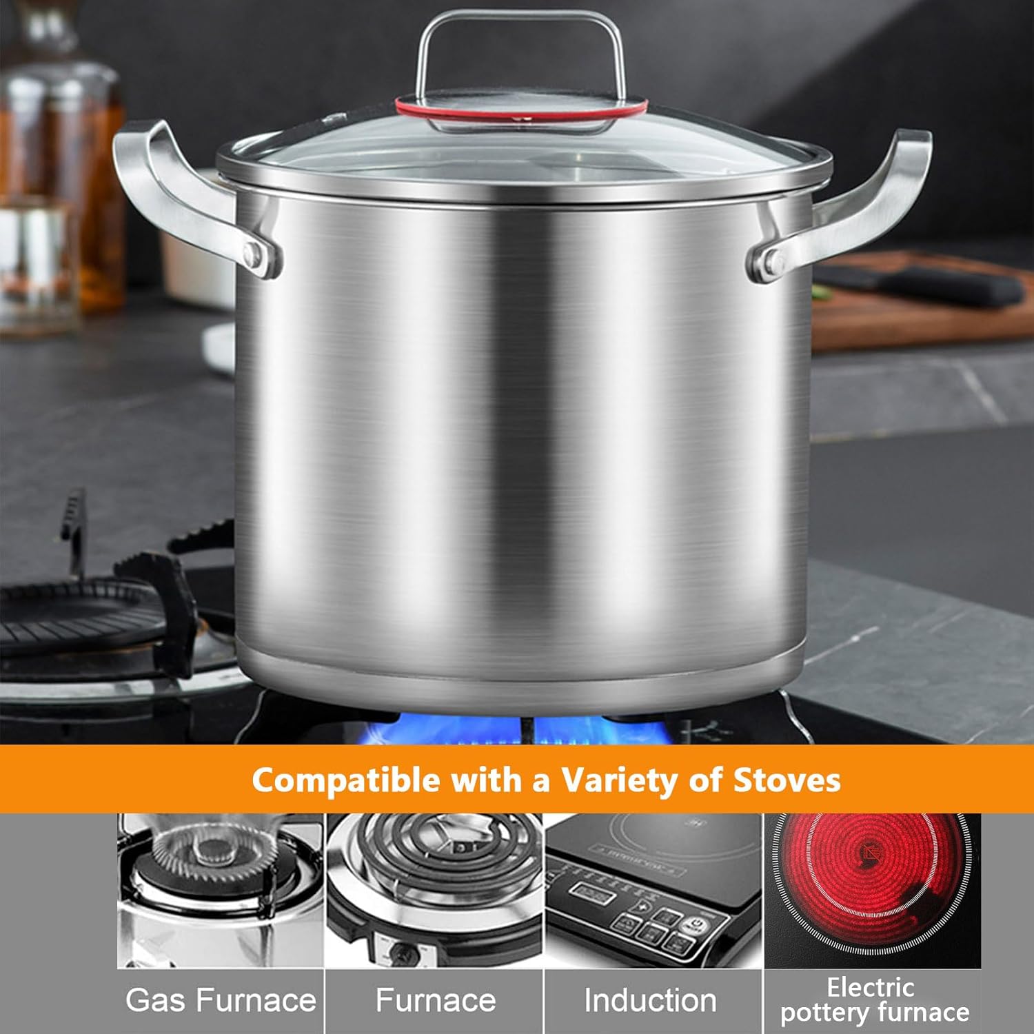 24cm 304 Stainless Steel Stock Pot with Lid Durable Easy to Clean