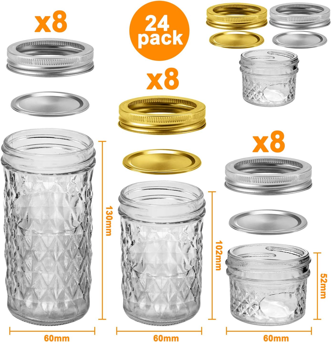 Mason Jars Set - 24 pack with Regular Lids