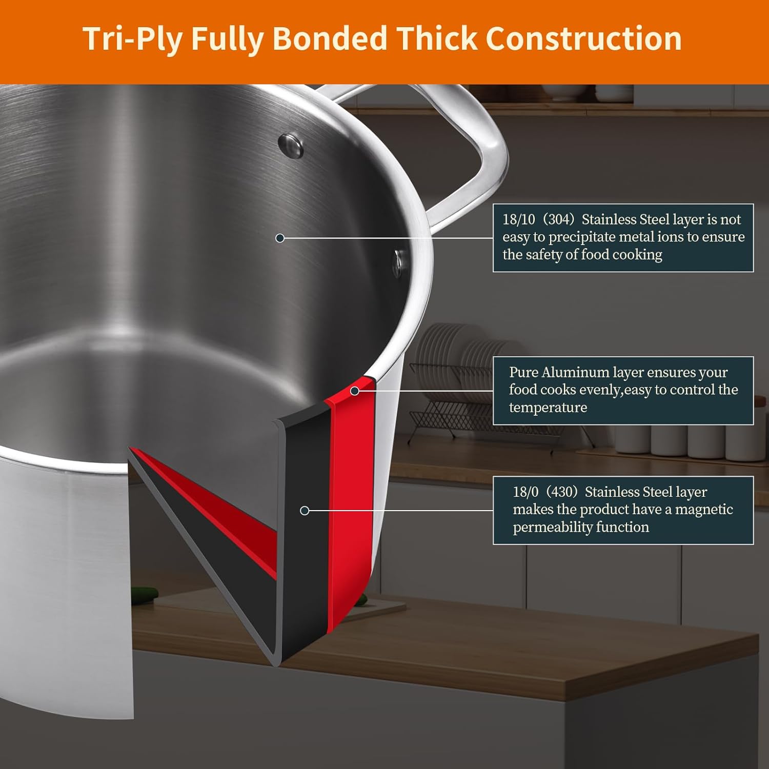 DEALERLO Tri-Ply Stainless Steel Stock Pot for Cooking