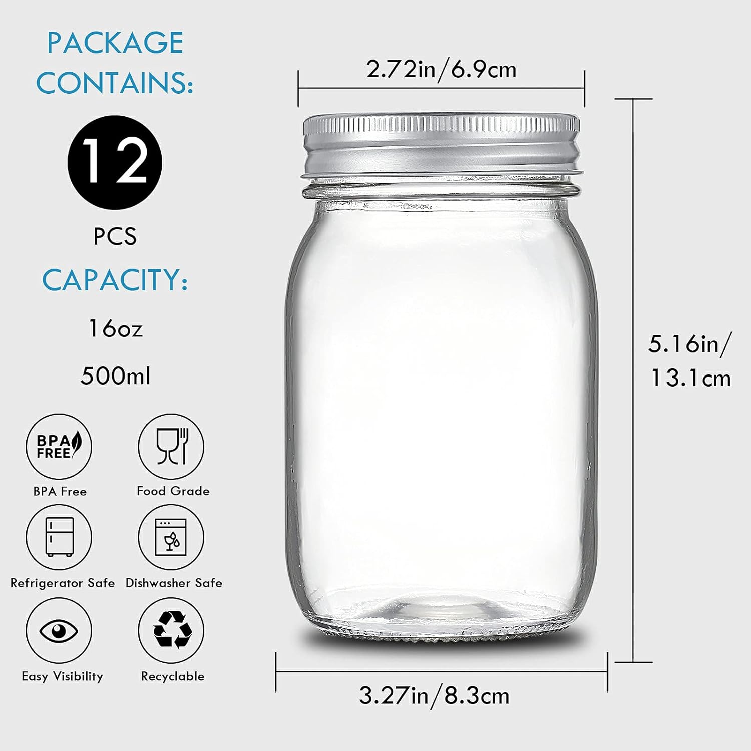 YEBODA 16 oz Wide Mouth Mason Jars