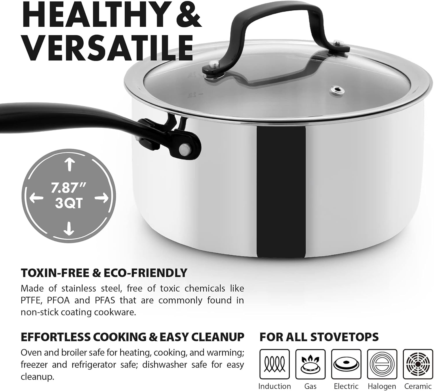 Groldties 3QT Tri-Ply Stainless Steel Saucepan