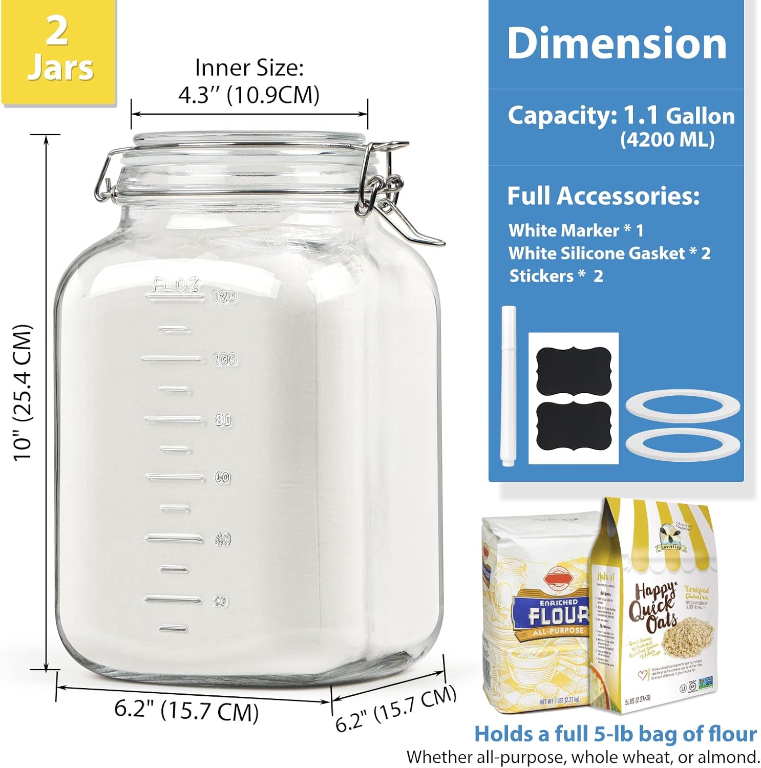 2-Piece 1 Gallon Glass Canning Jars with Airtight Lids