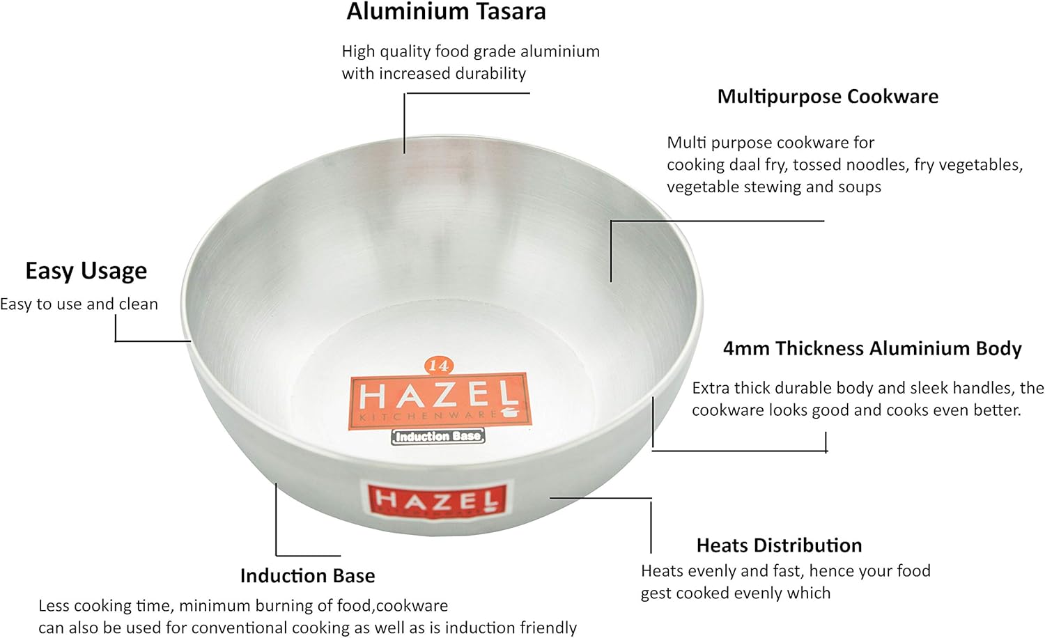 Hazel Induction Aluminum Kadai Cookware 2100ml