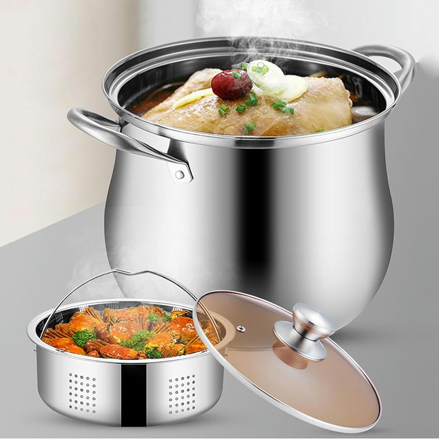 Stainless Steel Stock Pot with Steamer - Multurpose Cooking Pan