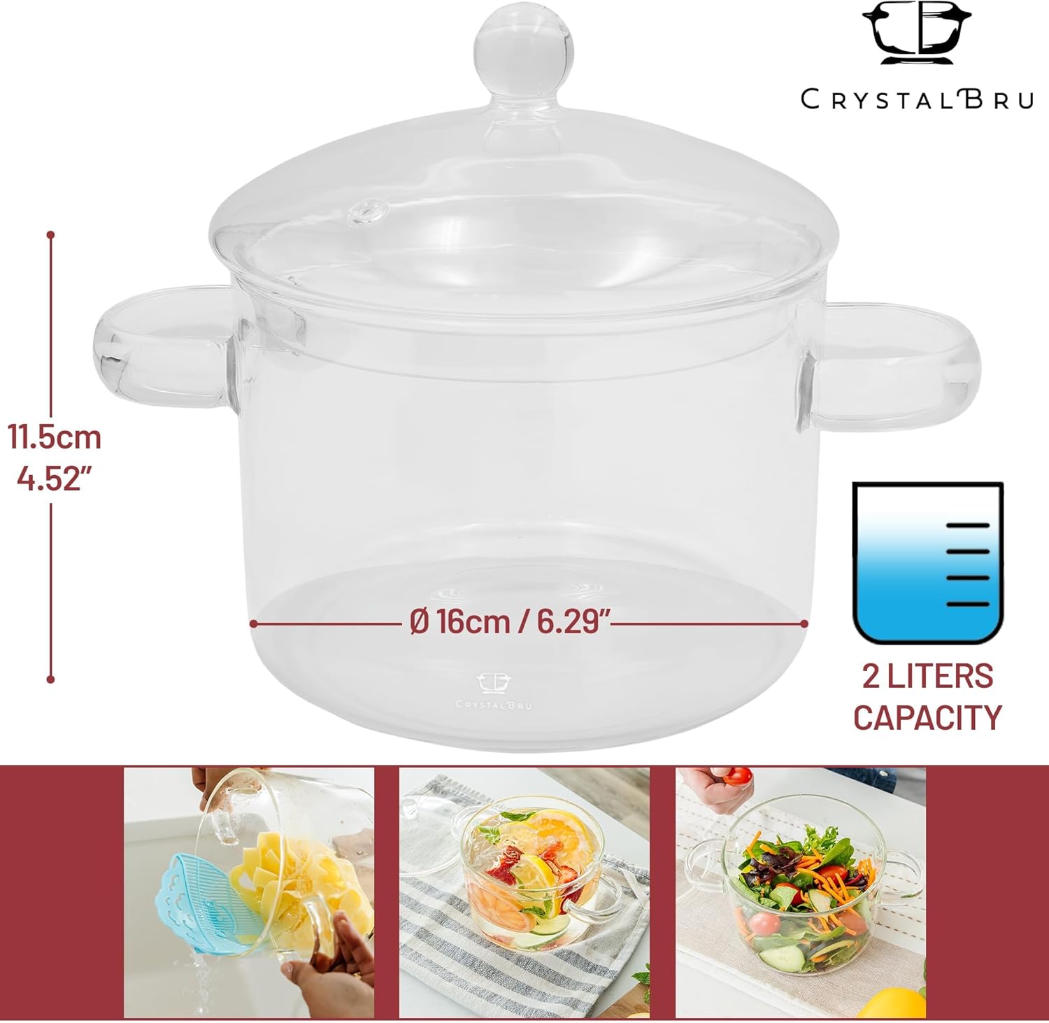 Crystalbru 2L Clear Glass Simmer Pot with Lid Strainer
