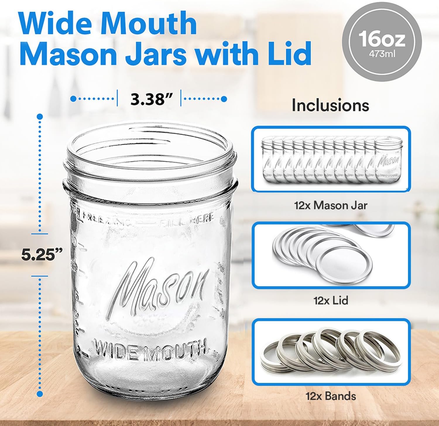 Wide Mouth Mason Jars 16 oz 12 Pack