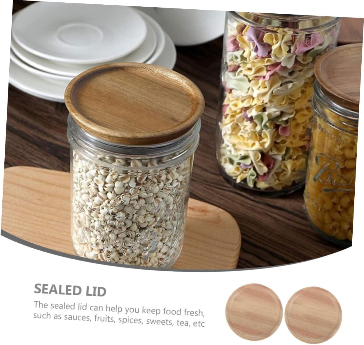 BIUDECO 2pcs Mason Jar Wooden Lids with Silicone Seals