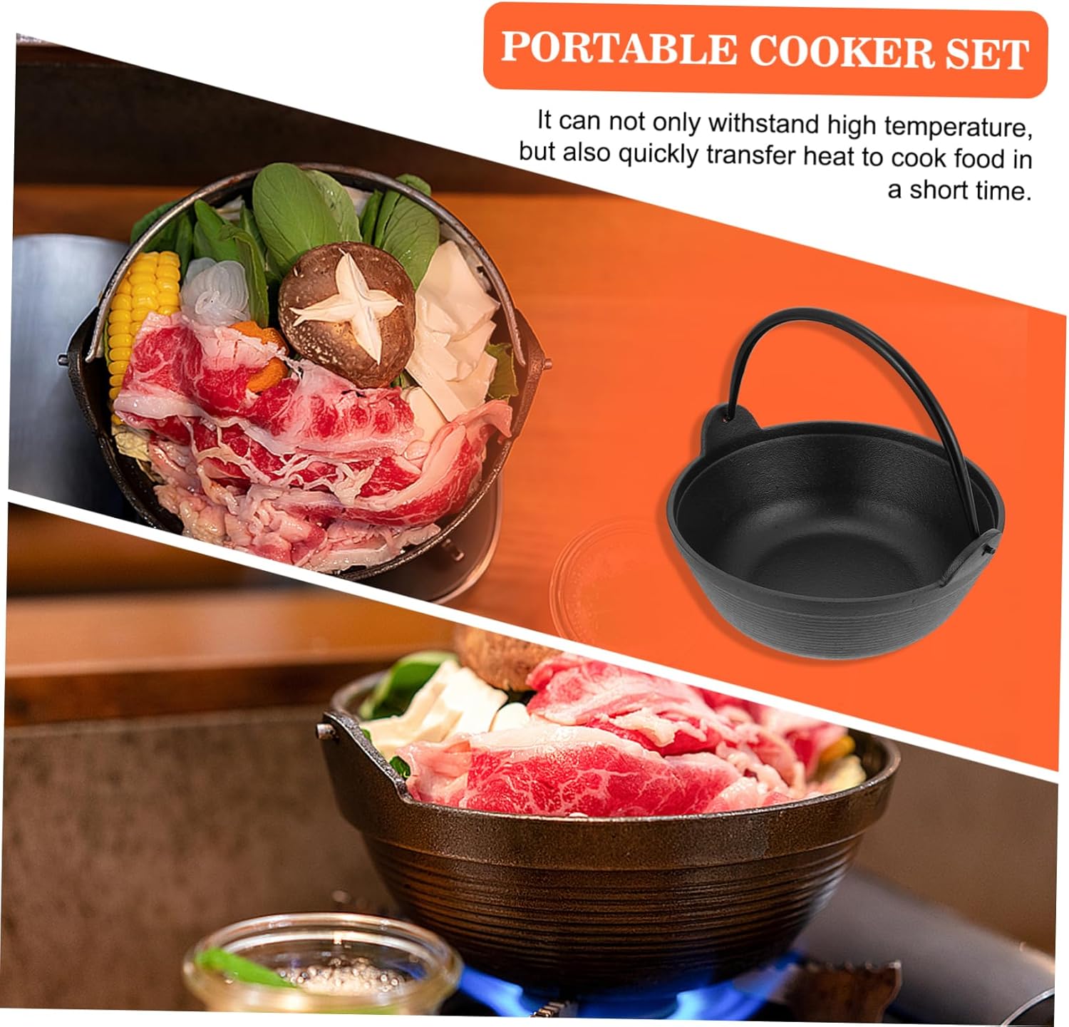 1pc Thick Cast Iron Saucepan with Strainer Deck and Lid Black