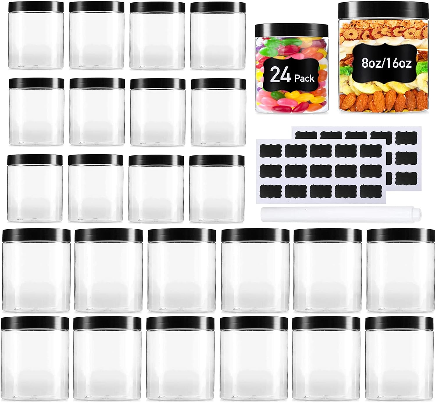 Vivimee 24 Pack Clear Plastic Jars with Lids 16 oz 8 oz