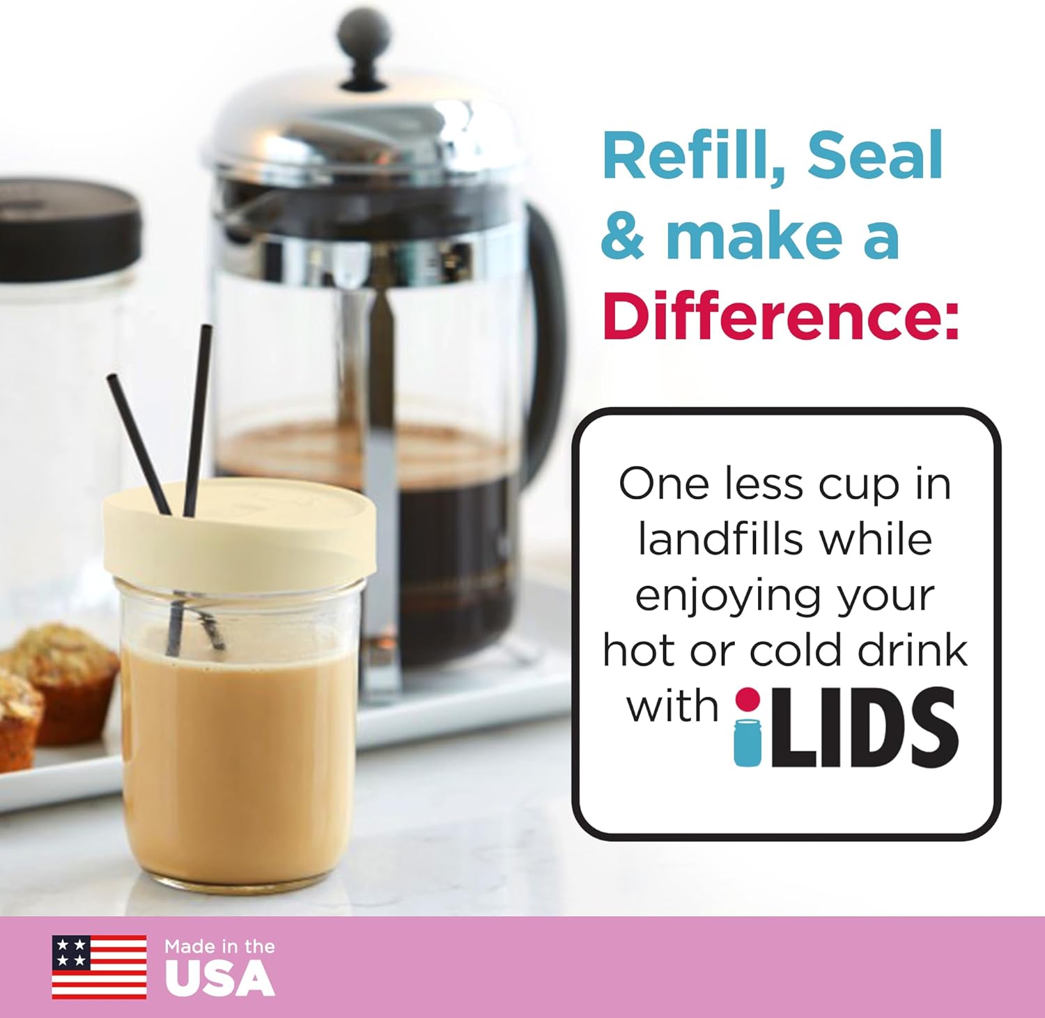 iLIDS Mason Jar Drink Lid Capacity 12oz Fuel-Resistant Sealed lid 2-count