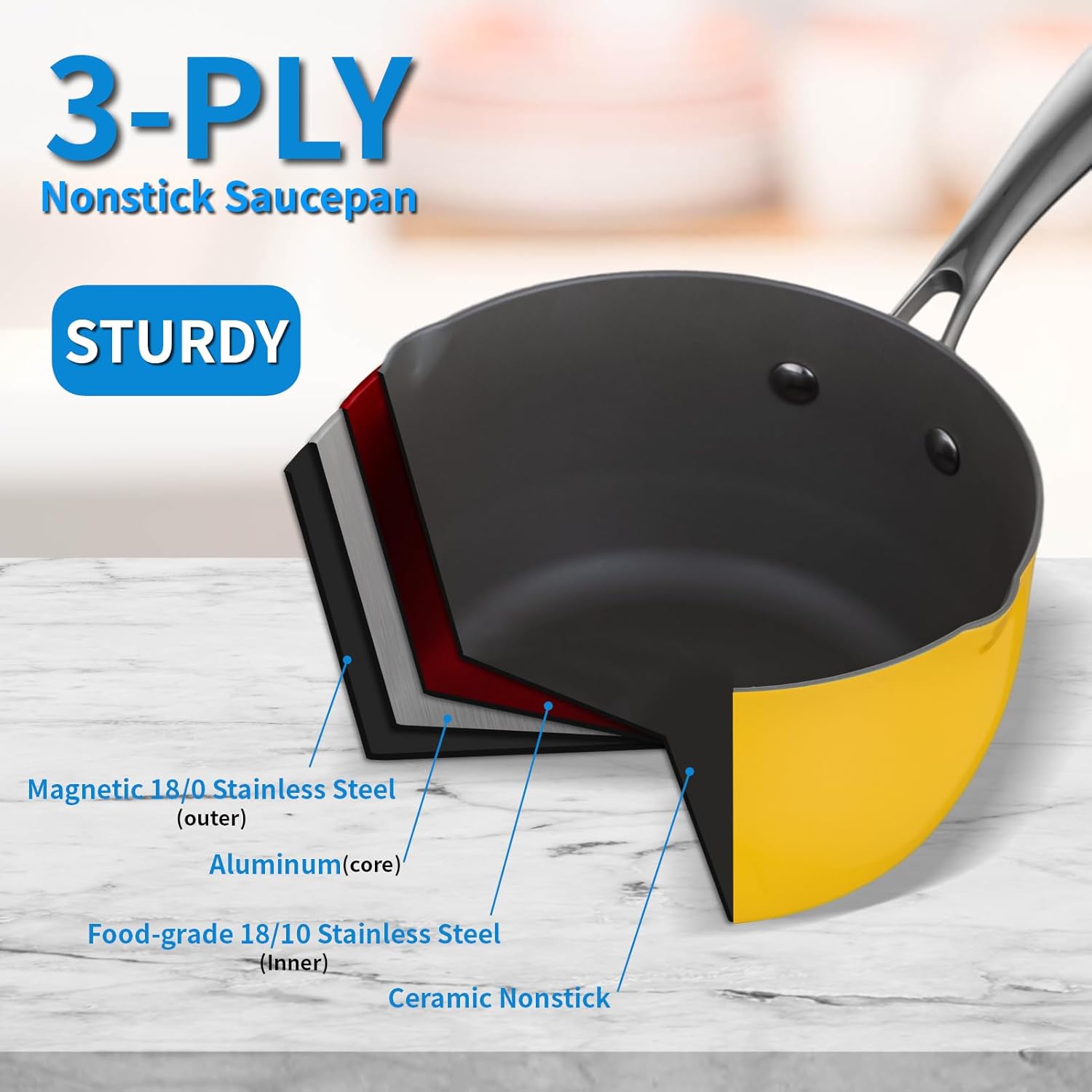 Ceramic Nonstick Tri-Ply Stainless Steel Saucepan