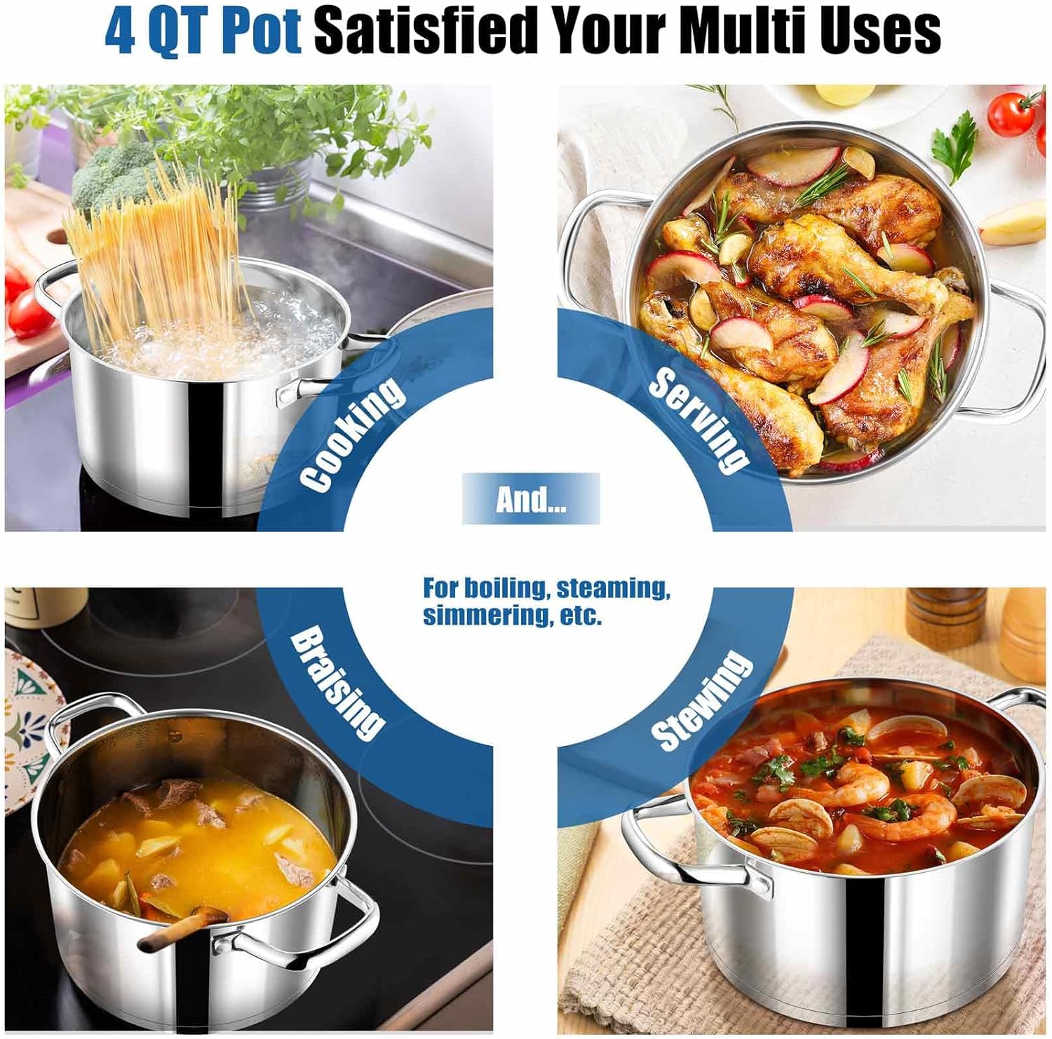 Stainless Steel Stock Pot with Lid 4qt