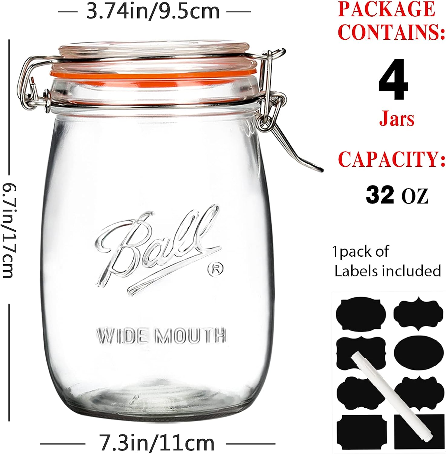 Wide Mouth 32OZ Glass Jars 4 Pack