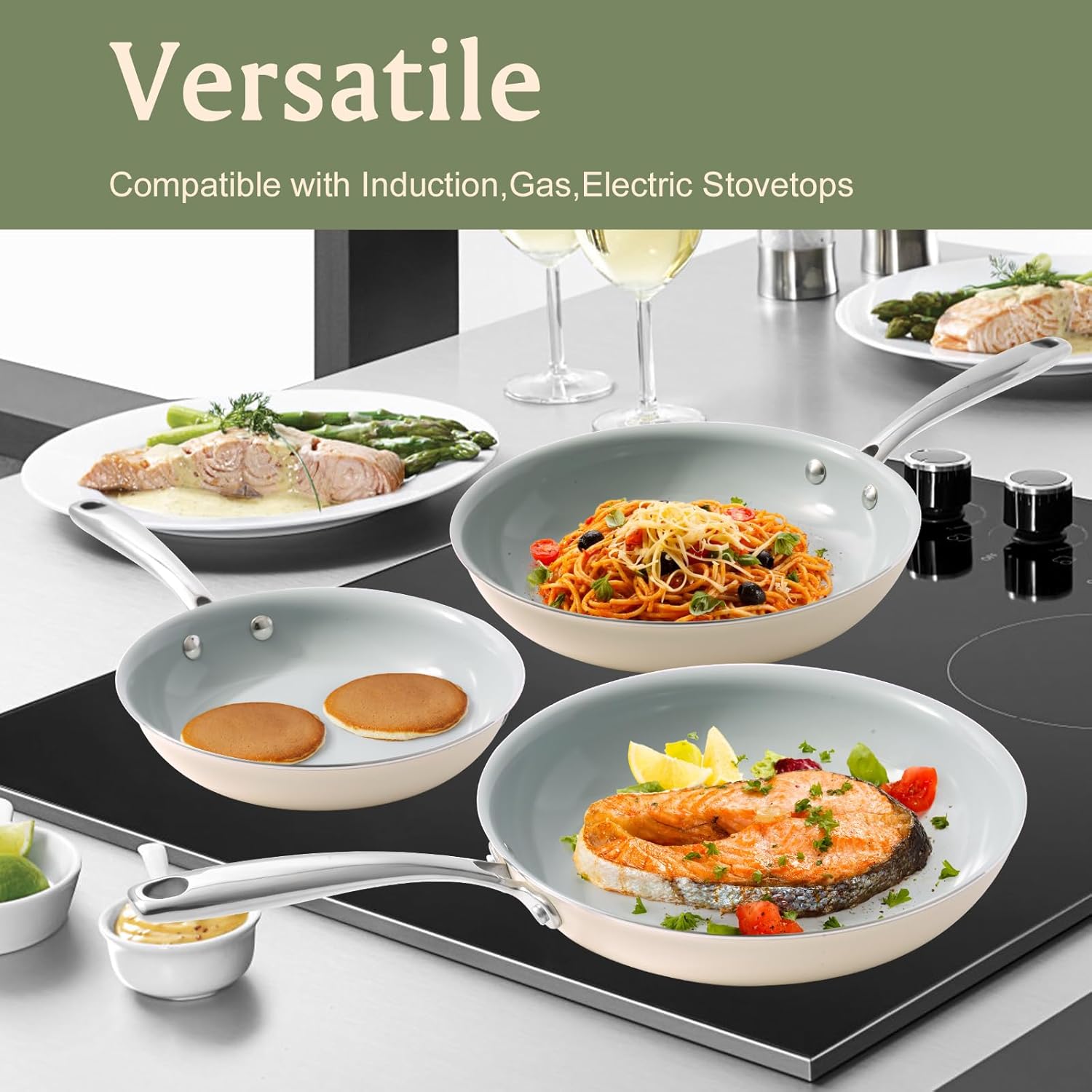 Premium Nonstick Ceramics Set Safe for Oven dishwasher 3-Piece Skillets