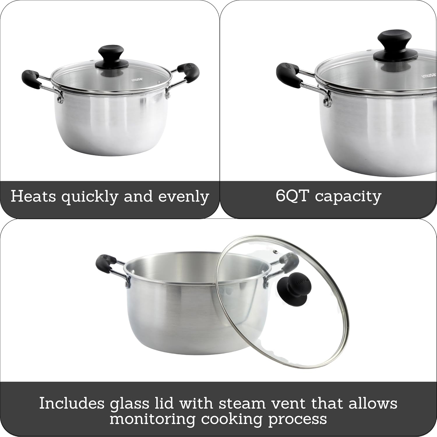 IMUSA USA 6-Quart Aluminum Pot with Glass Lid and Bakelite Handle