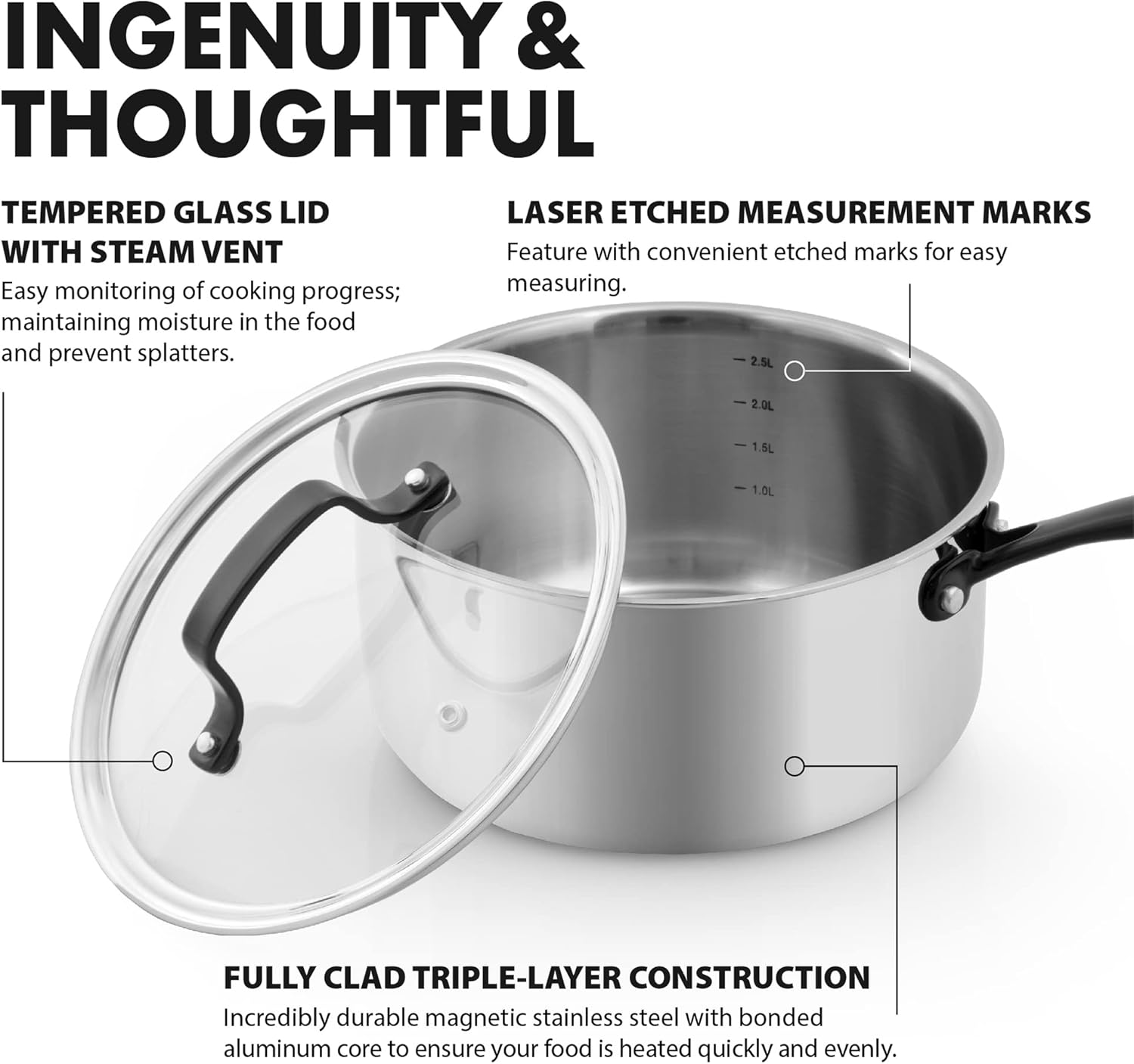 Groldties 3QT Tri-Ply Stainless Steel Saucepan