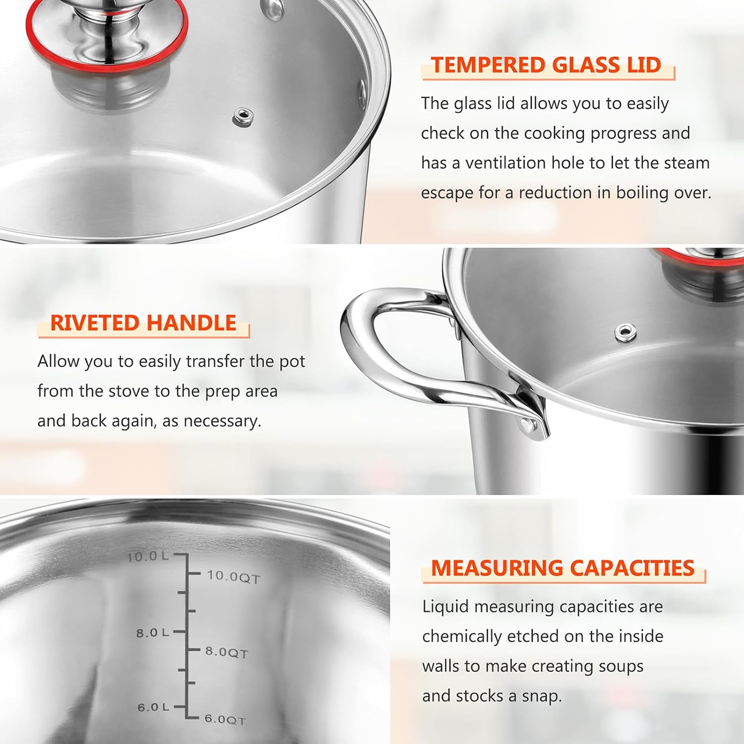 E-far 12-Quart Stock Pot with Lid 1810 Stainless Steel