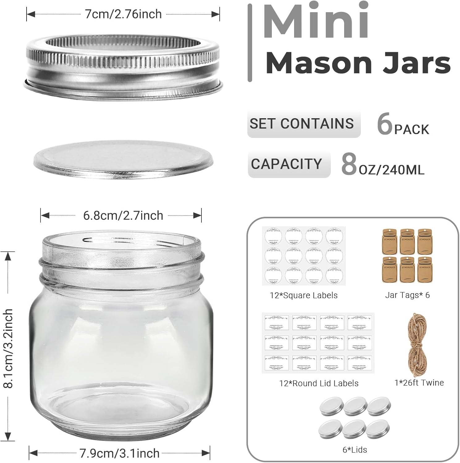 Mini Mason Jars with Labels 6-Pack