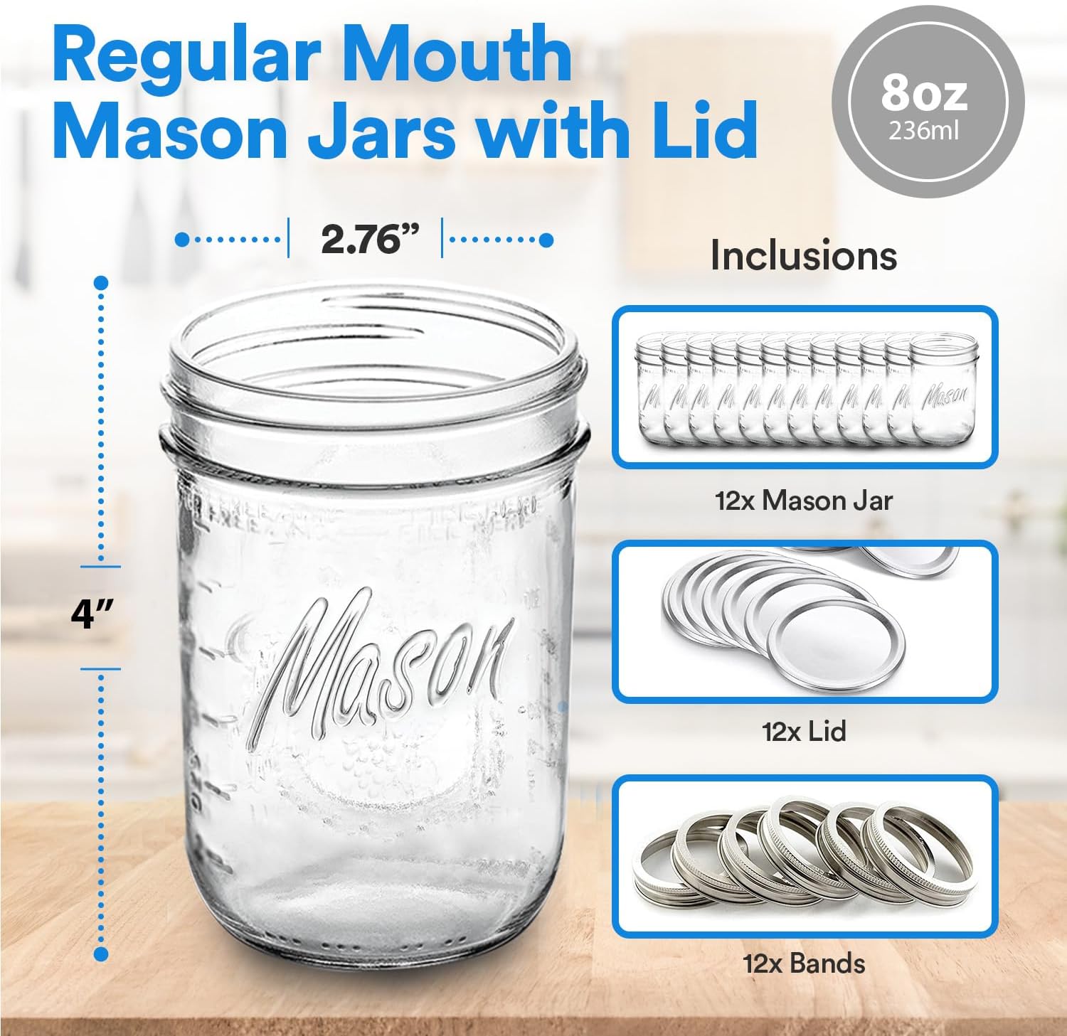 Regular Mouth Mason Jars 8 oz 12 Pack